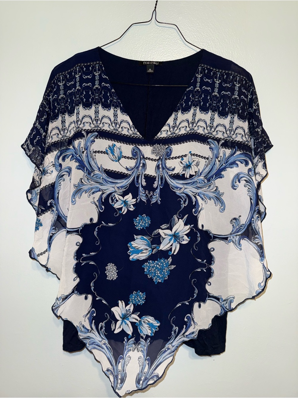Roz & Ali Navy Blue and White Floral Poncho Tunic